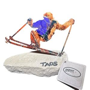 Vintage Lazart Collector Series Skier Metal Sculpture on Stone Base Taos